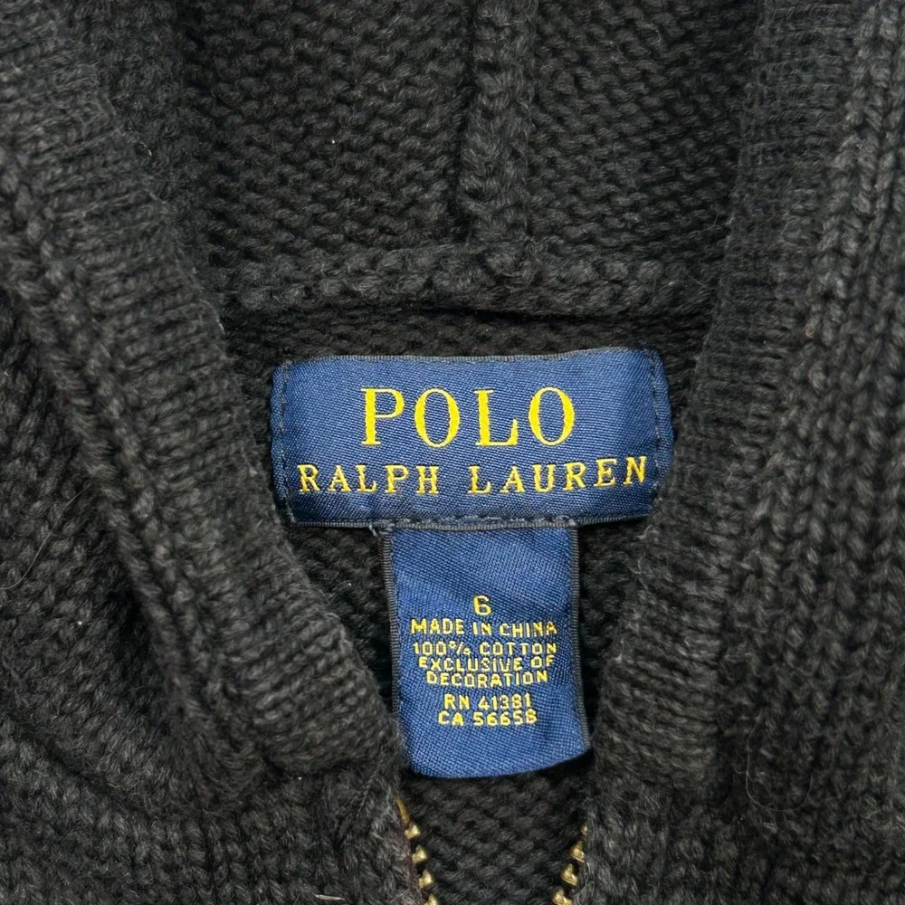 Polo Ralph Lauren Zip Hoodie Size 6 Boys Big Pony Cotton Knit Sweater Black Fade